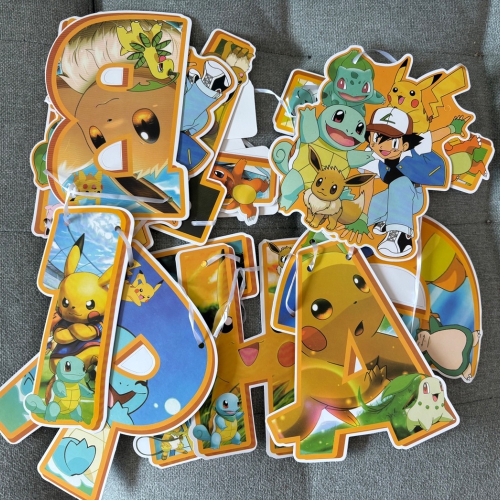 LOT Pokémon Birthday Decor! Backdrop, Banner/Garland, Bags, Plates, Balloons